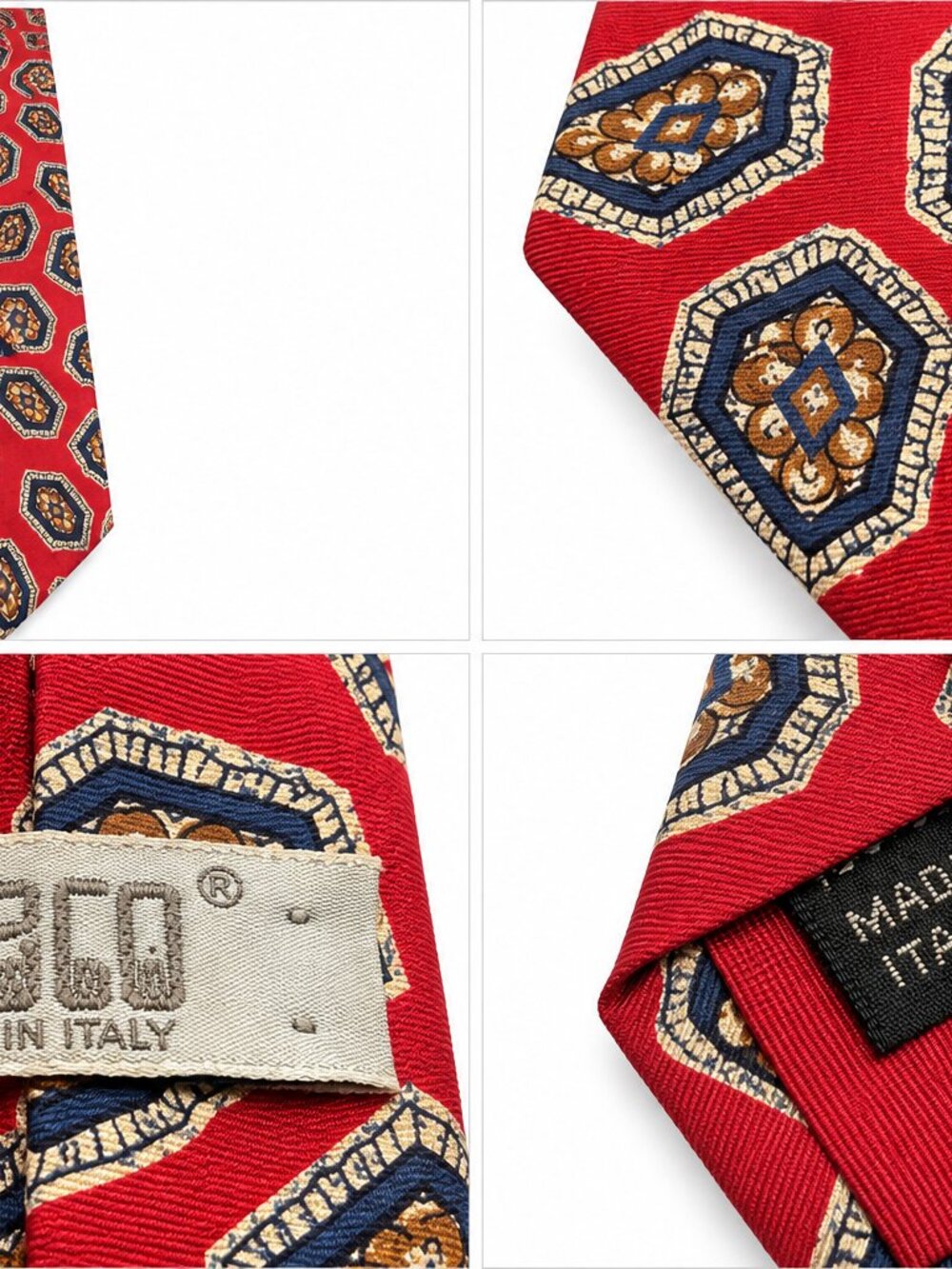 Vintage Italian Necktie Red Navy Gold Geometric Medallion Pattern Made in Italy